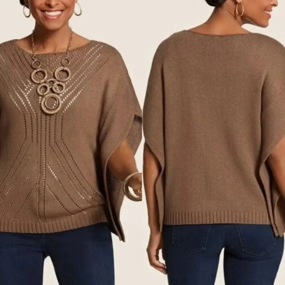 Chico’s Brown Baylor Poncho Open Knit Sweater Size S